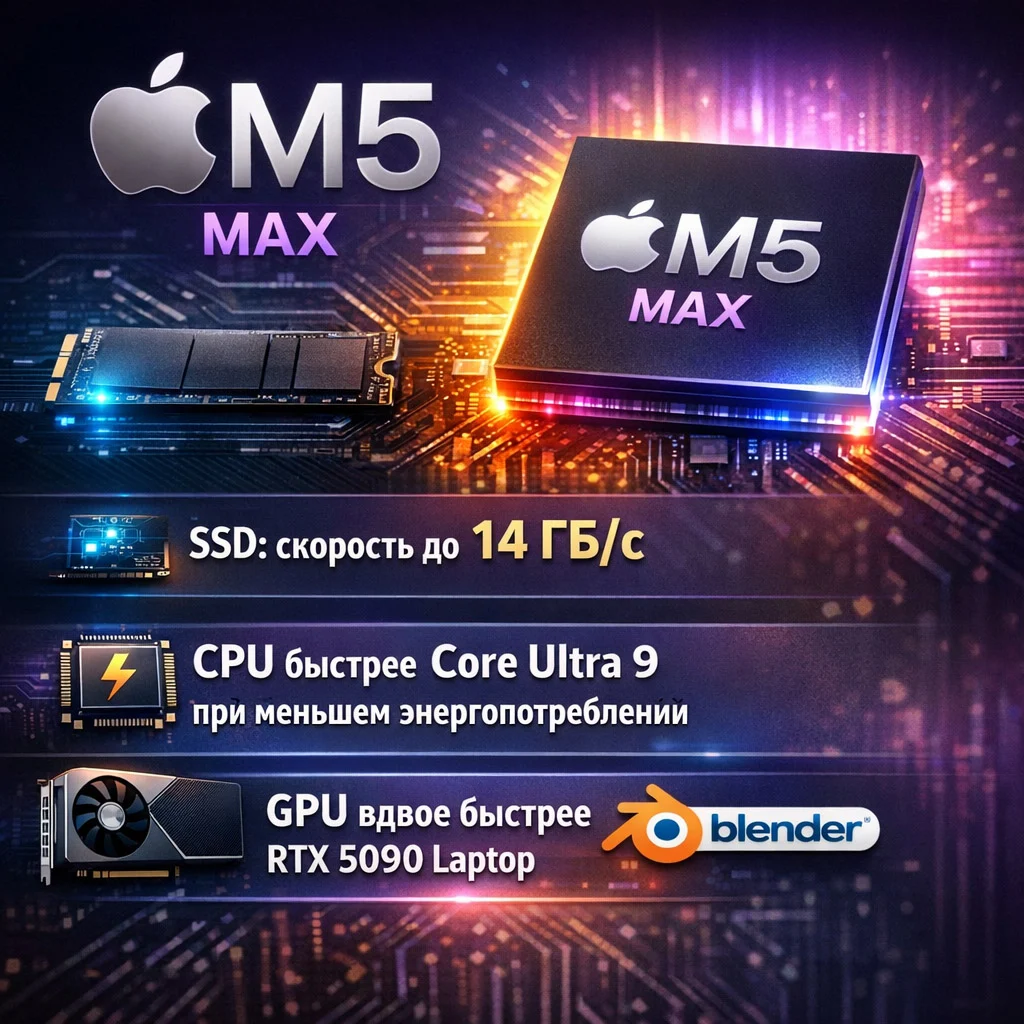Тесты Apple M5 Max: SSD на 14 ГБ/с, CPU быстрее Core Ultra 9 при…