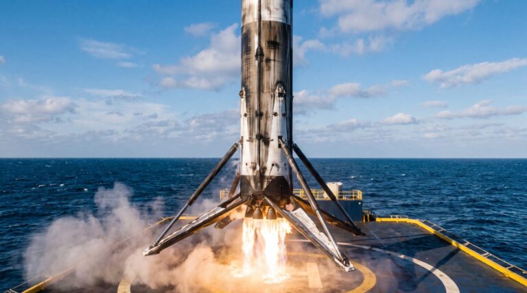 Первая ступень ракеты Falcon 9 B1067 совершает вертикальную посадку на морскую платформу после 36-го полёта