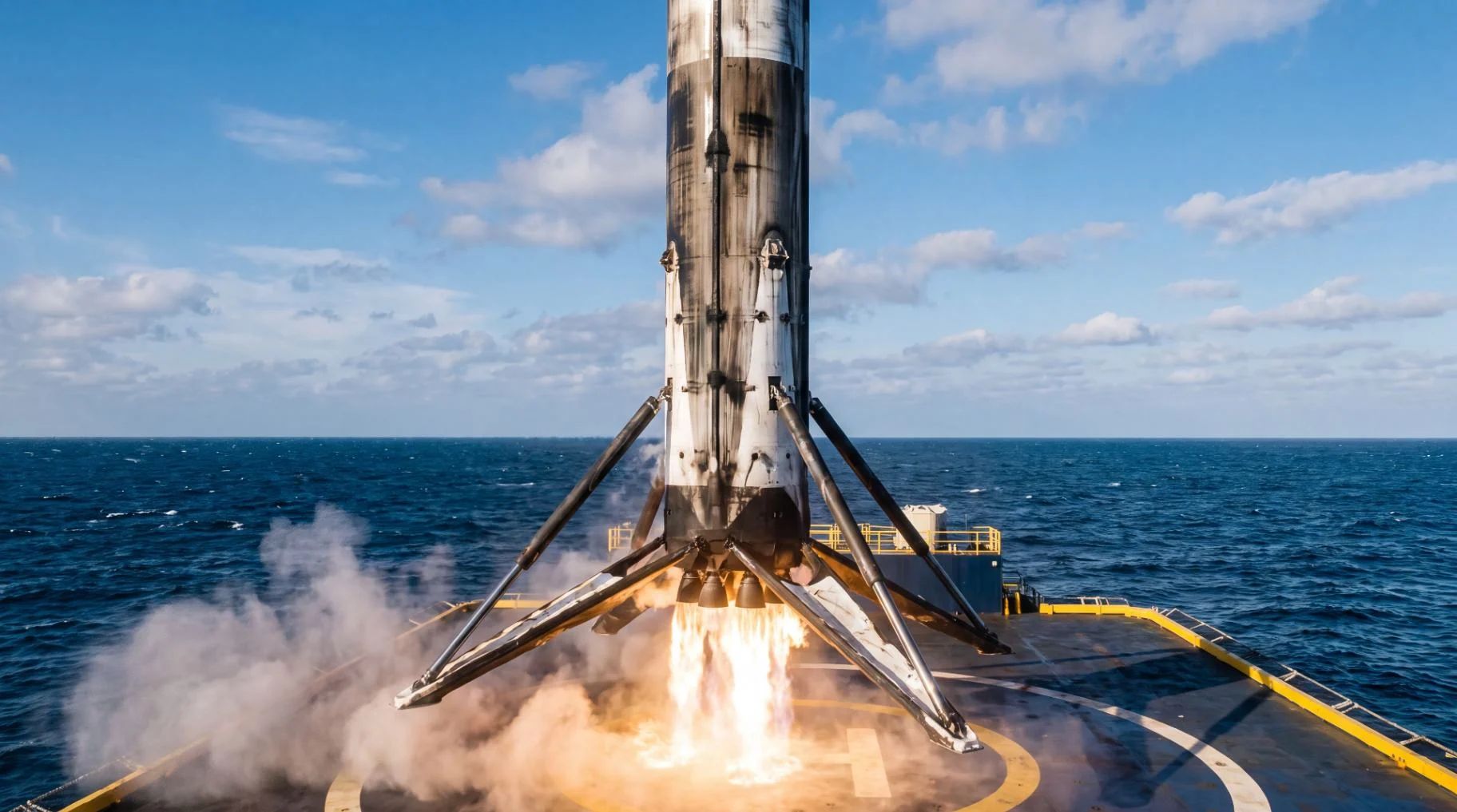Первая ступень ракеты Falcon 9 B1067 совершает вертикальную посадку на морскую платформу после 36-го полёта