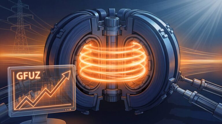 Иллюстрация термоядерного реактора General Fusion и график роста акций на бирже Nasdaq с тикером GFUZ