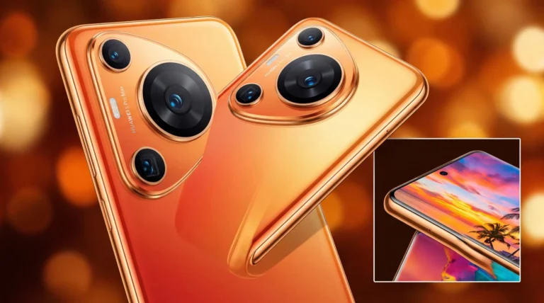Смартфон Huawei Pura 90s Pro Max в оранжевом цвете с крупным модулем камеры и ярким дисплеем
