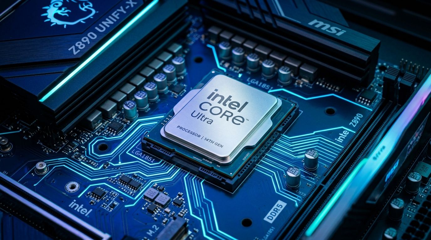Процессор Core Ultra 5 Nova Lake-S на материнской плате с подсветкой
