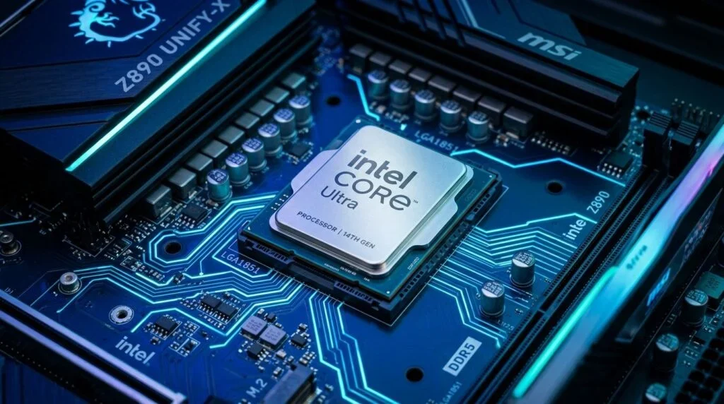 Процессор Core Ultra 5 Nova Lake-S на материнской плате с подсветкой