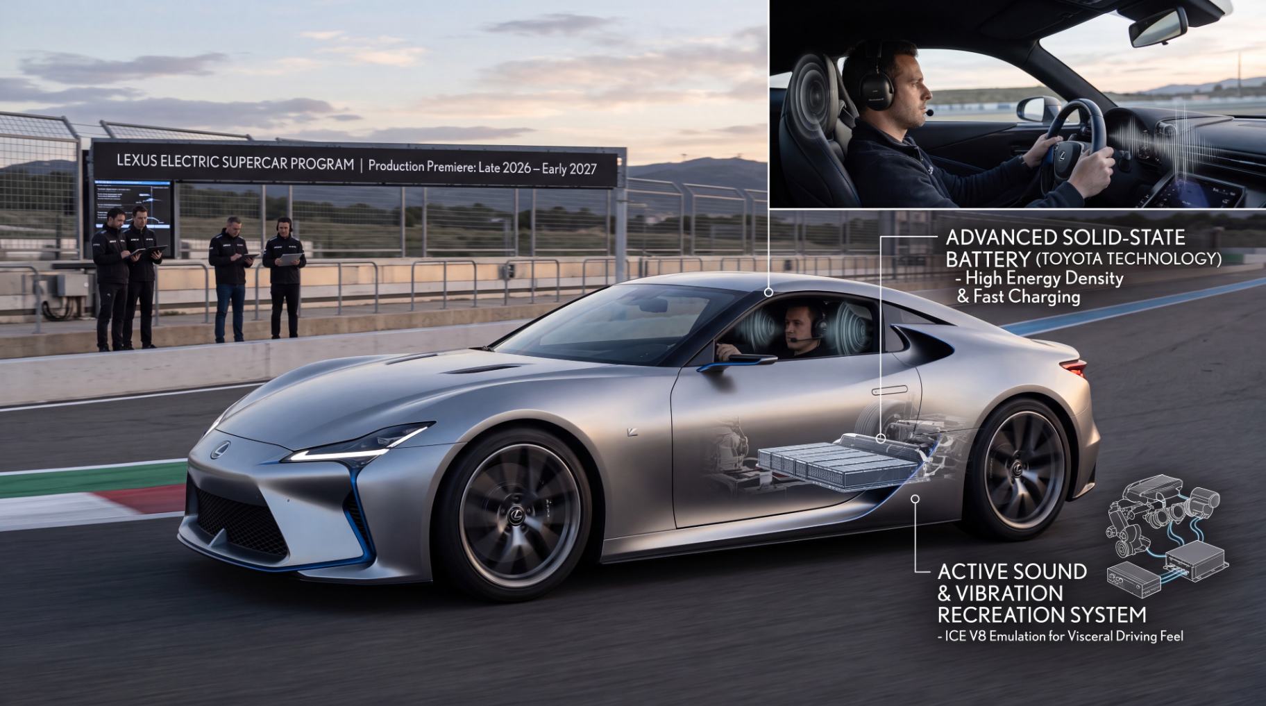 Концепт электрического суперкара Lexus LFA с динамичной подсветкой и спортивным дизайном.