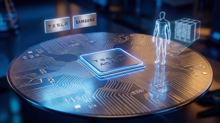 Кремниевая пластина с чипом Tesla AI5 на 2-нм техпроцессе Samsung, рядом логотипы Tesla и Samsung