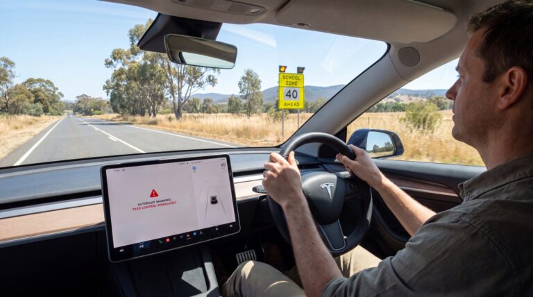 Tesla Model Y с системой FSD на дороге в Австралии, водитель контролирует автопилот
