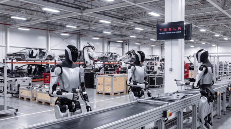 Гуманоидный робот Tesla Optimus на производственной линии вместо автомобилей Model S и Model X