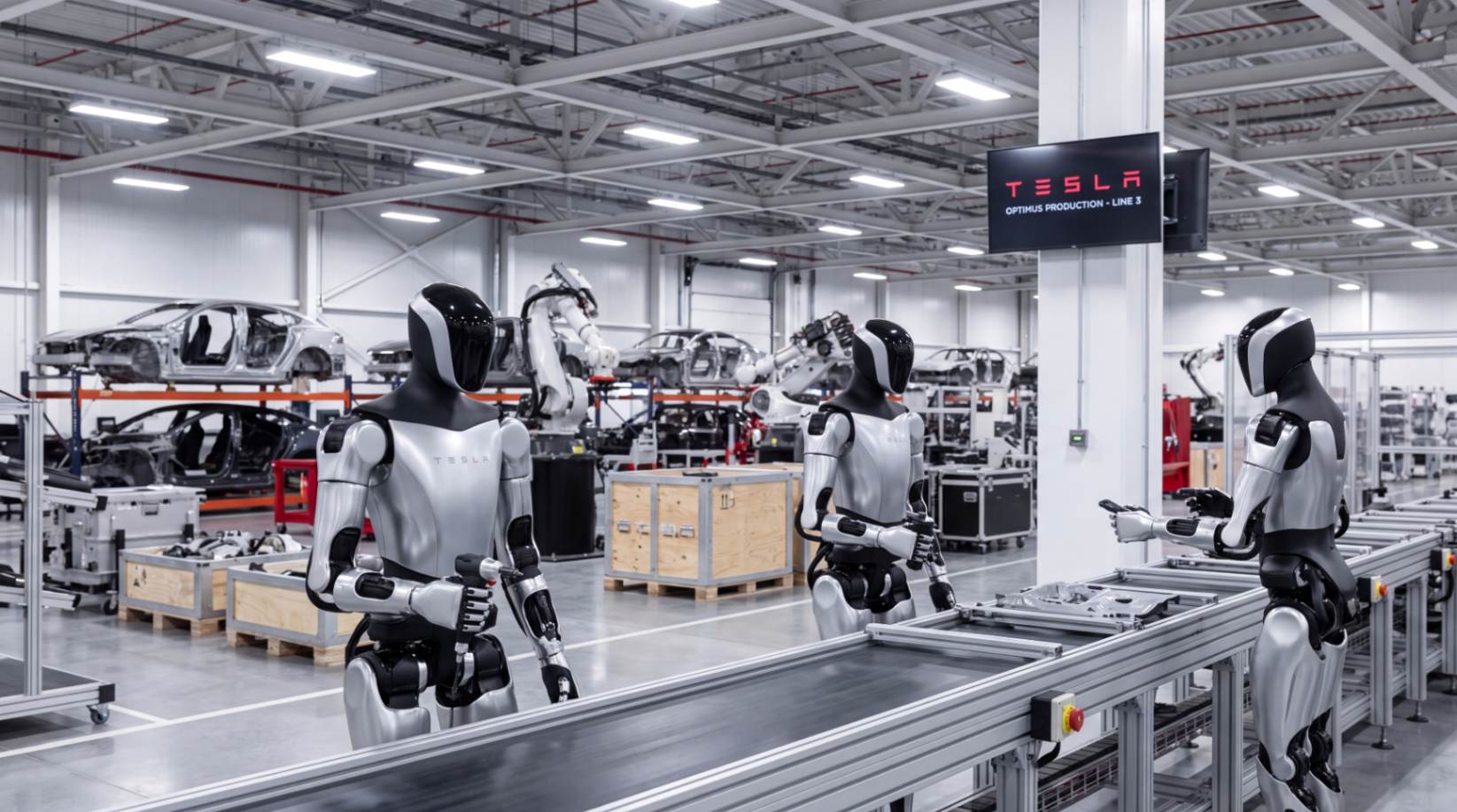 Гуманоидный робот Tesla Optimus на производственной линии вместо автомобилей Model S и Model X