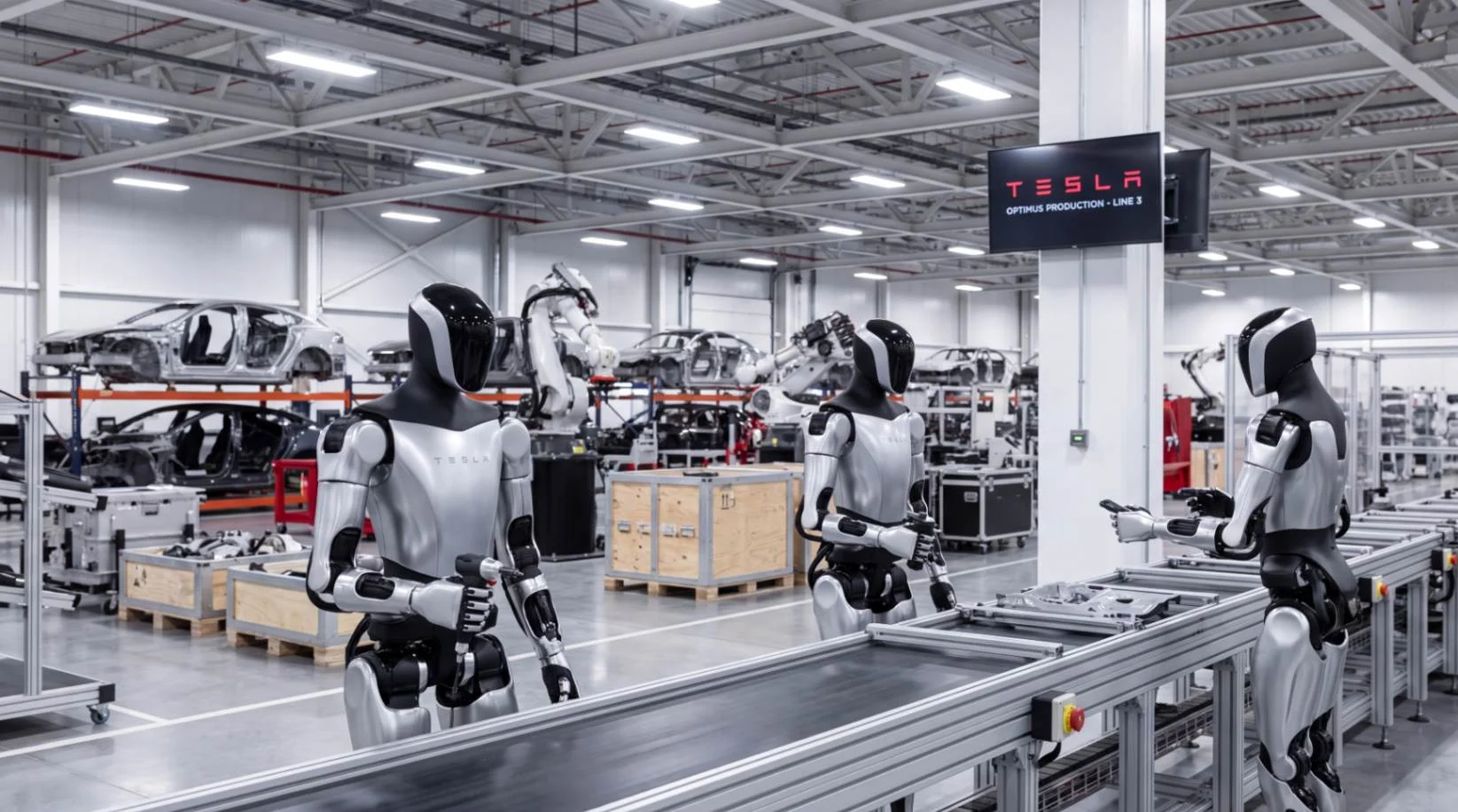Гуманоидный робот Tesla Optimus на производственной линии вместо автомобилей Model S и Model X