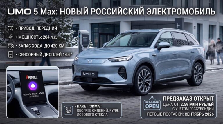 Российский электрический кроссовер UMO 5 на фоне города, с открытой дверью и видимым 14,6-дюймовым экраном.