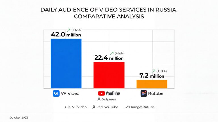 График сравнения дневной аудитории VK Видео, YouTube и Rutube в России за первое полугодие 2026 года