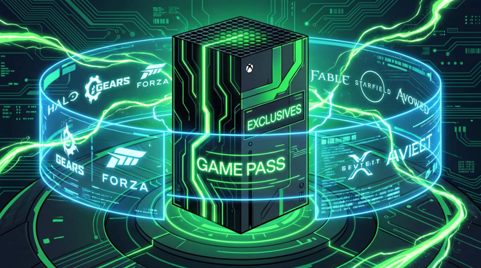 Консоль Xbox с логотипом Game Pass и символом эксклюзивных игр на фоне изменения стратегии