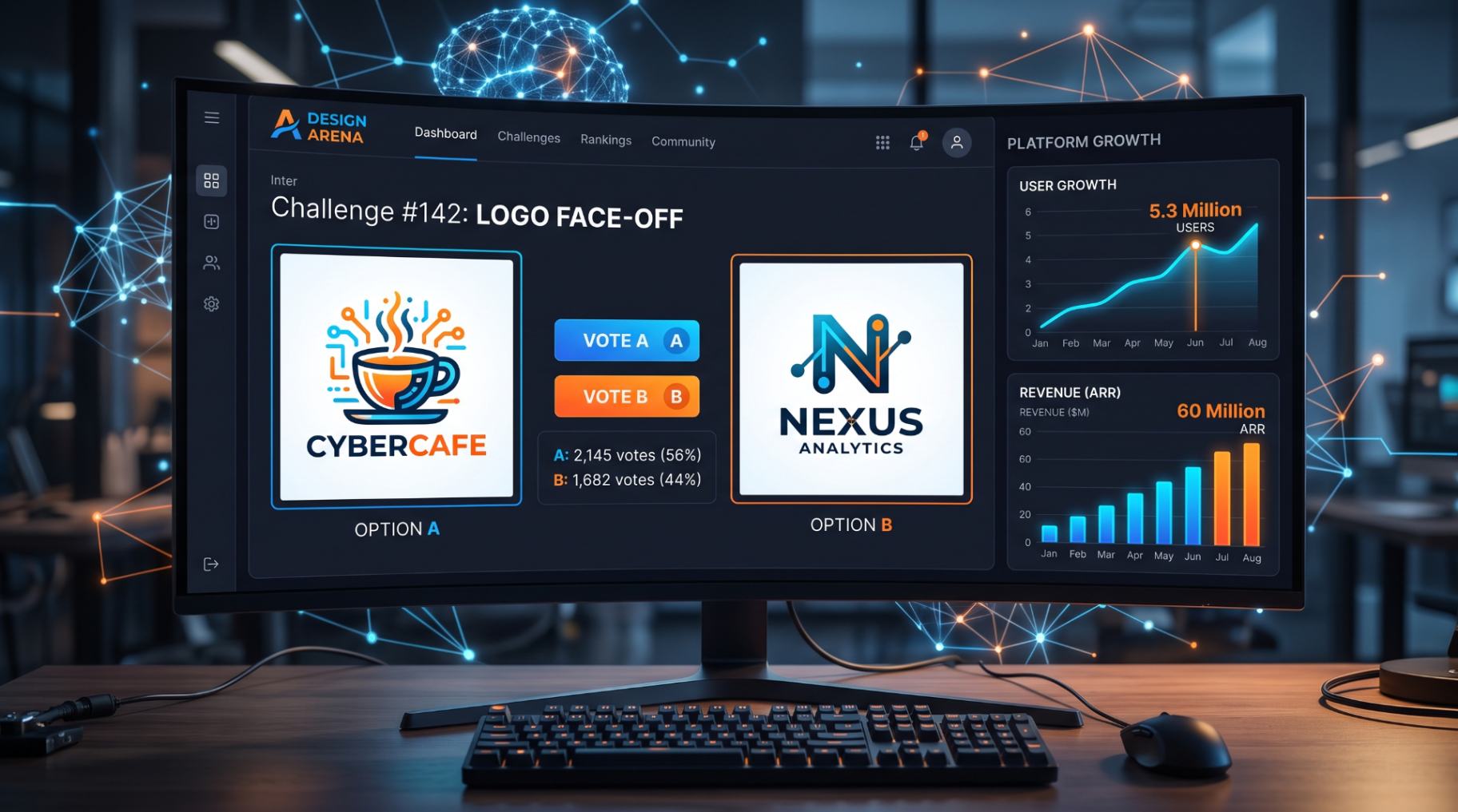Интерфейс платформы Design Arena для сбора предпочтений пользователей при обучении ИИ-моделей.