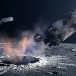 Верхняя ступень Falcon 9 врезается в Луну, создавая кратер и облако выбросов.