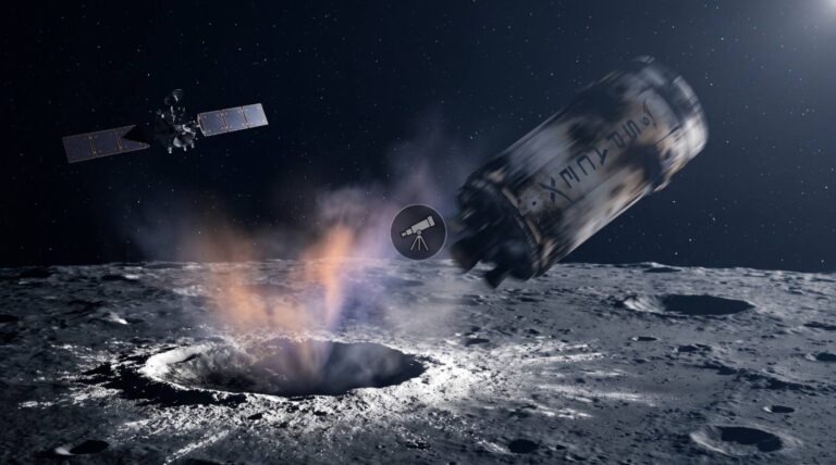 Верхняя ступень Falcon 9 врезается в Луну, создавая кратер и облако выбросов.