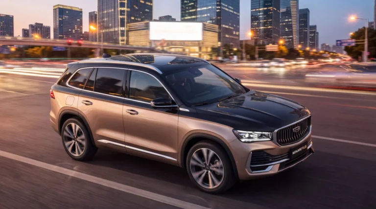 Новый Geely Monjaro Plus с двухцветным кузовом на фоне города.