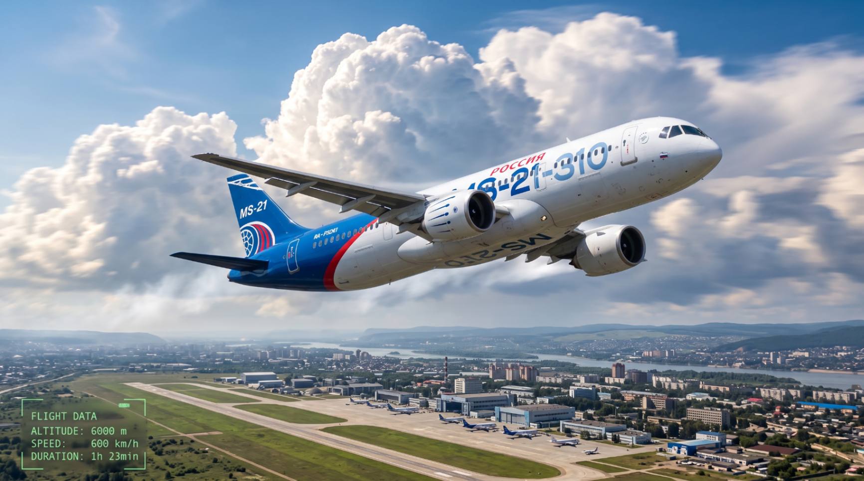 Первый серийный самолёт МС-21-310 в испытательном полёте, высота 6 км, скорость 600 км/ч.