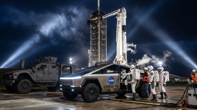 Tesla Cybertruck с астронавтами NASA на стартовой площадке SpaceX для эвакуации миссии Crew-13.