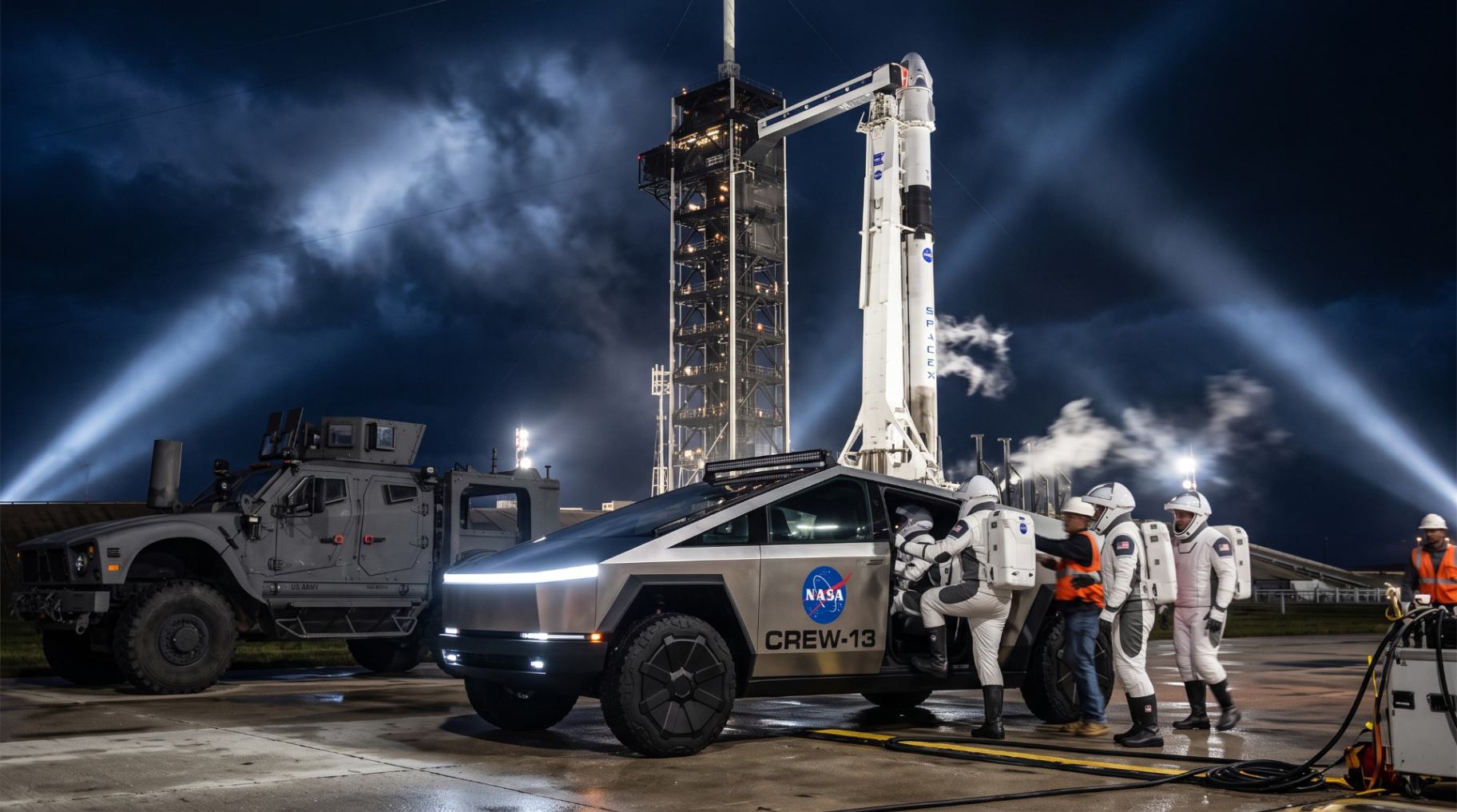 Tesla Cybertruck с астронавтами NASA на стартовой площадке SpaceX для эвакуации миссии Crew-13.