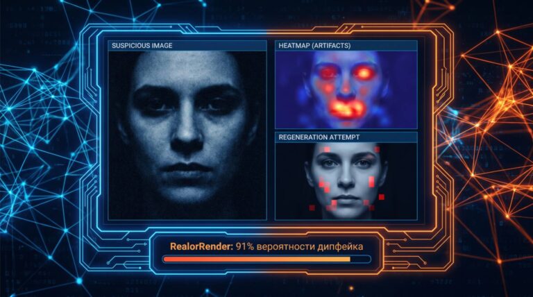 Интерфейс системы RealorRender, показывающий анализ дипфейка с тепловой картой артефактов.