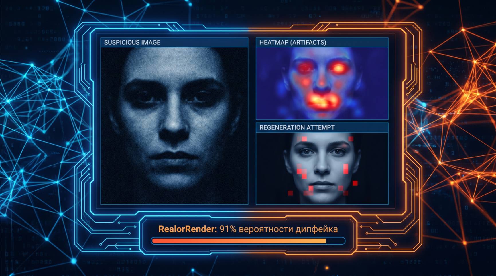 Интерфейс системы RealorRender, показывающий анализ дипфейка с тепловой картой артефактов.