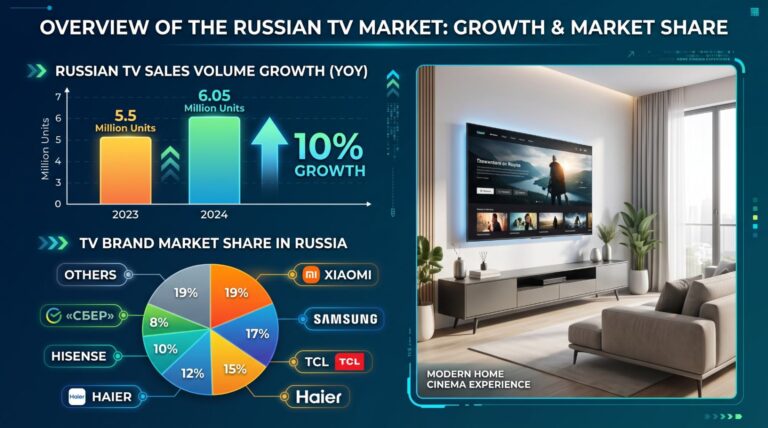 Инфографика российского рынка телевизоров за первое полугодие 2026 года: рост 10%, лидеры – Xiaomi, TCL, Hisense.