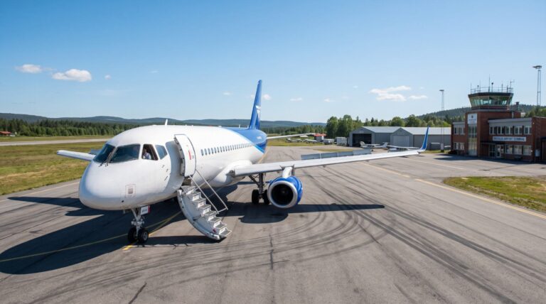 Самолёт SJ-100 с новыми законцовками крыла на короткой ВПП длиной 1,9 тыс. метров.