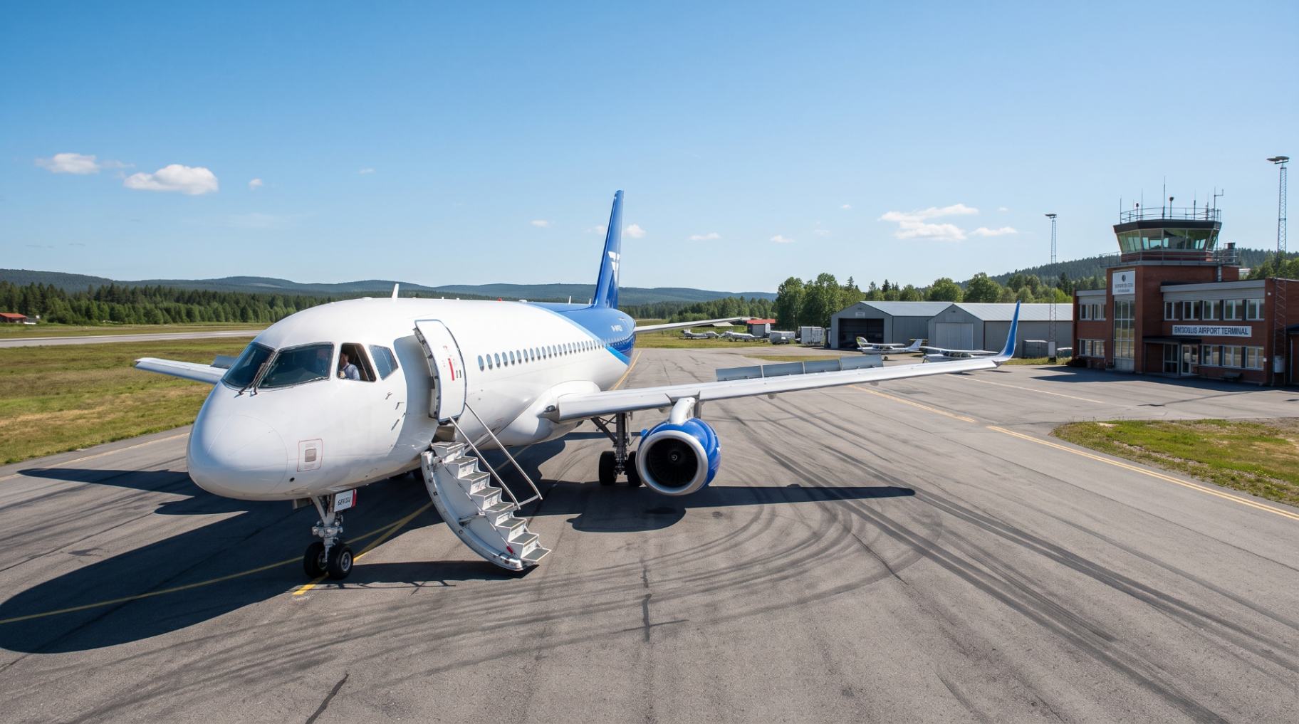 Самолёт SJ-100 с новыми законцовками крыла на короткой ВПП длиной 1,9 тыс. метров.