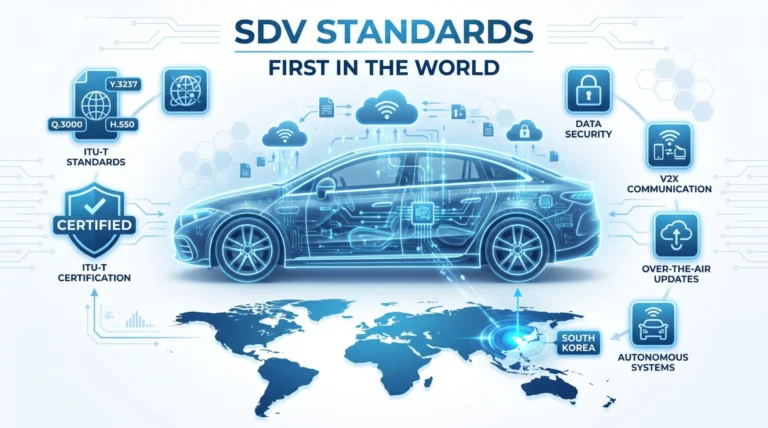 Инфографика первых международных стандартов для SDV (Software-Defined Vehicles), принятых Южной Кореей.