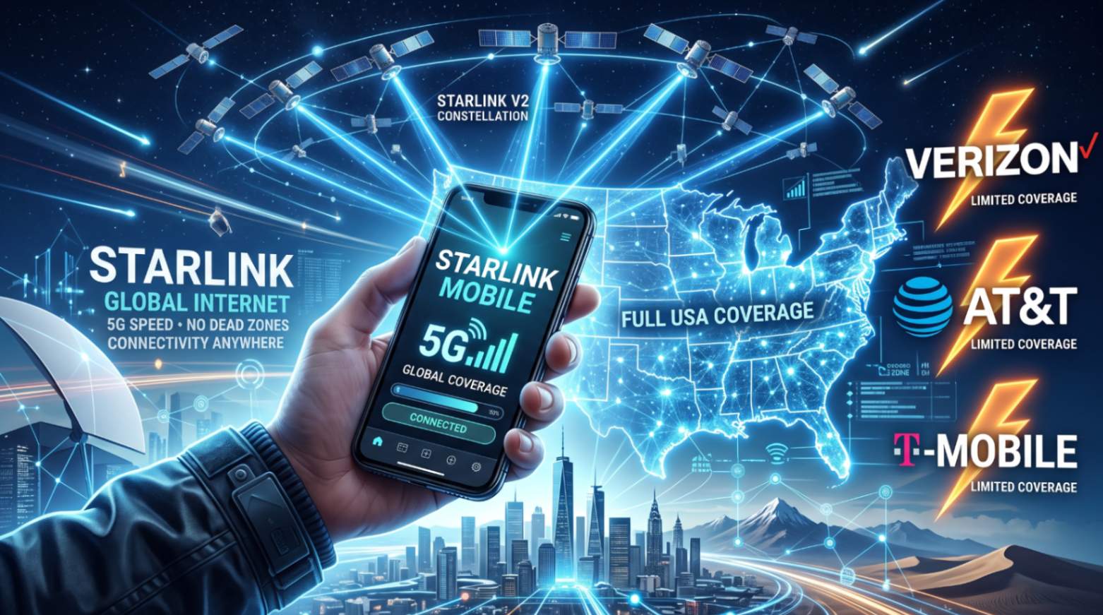 Смартфон с подключением к Starlink Mobile и спутниками Starlink на орбите.